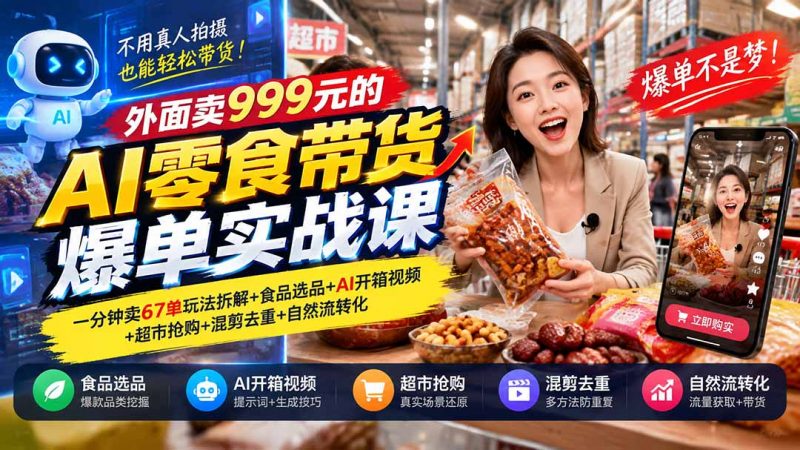外面卖999元的AI零食带货爆单实战课｜一分钟卖67单玩法拆解+食品选品+AI开箱视频+超市抢购+混剪去重+自然流转化-玻哥网络技术工作室