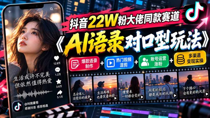 抖音22W粉大佬同款赛道《AI语录对口型玩法》：爆款语录制作+热门视频混剪+账号运营涨粉+多渠道变现实操-玻哥网络技术工作室