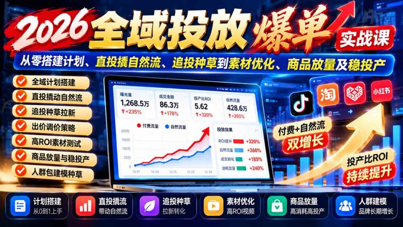2026全域投放爆单实战课：从零搭建计划、直投撬自然流、追投种草到素材优化、商品放量及稳投产-玻哥网络技术工作室