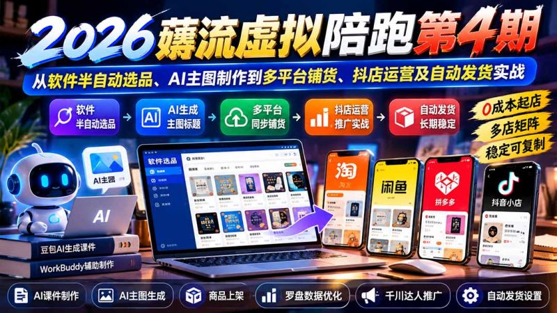 2026薅流虚拟陪跑第4期：从软件半自动选品、AI主图制作到多平台铺货、抖店运营及自动发货实战-玻哥网络技术工作室
