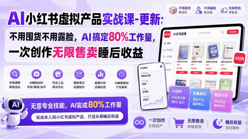AI小红书虚拟产品实战课-更新1017:不用囤货不用露脸,AI搞定80%工作量,一次创作无限售卖睡后收益-玻哥网络技术工作室