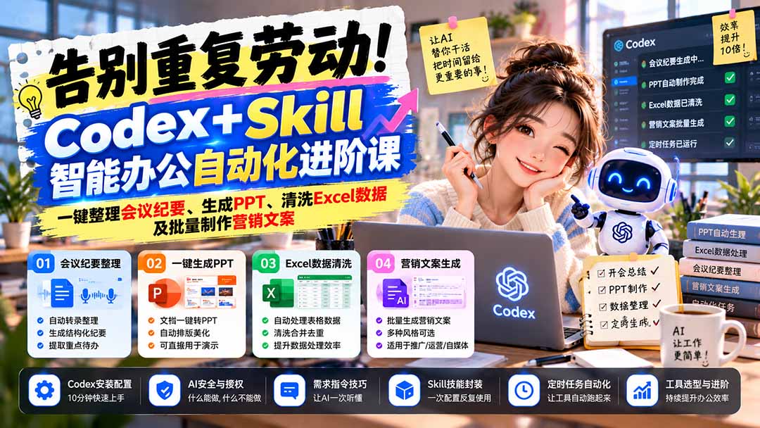 图片[1]-告别重复劳动！Codex+Skill智能办公自动化进阶课：一键整理会议纪要、生成PPT、清洗Excel数据及批量制作营销文案-玻哥网络技术工作室