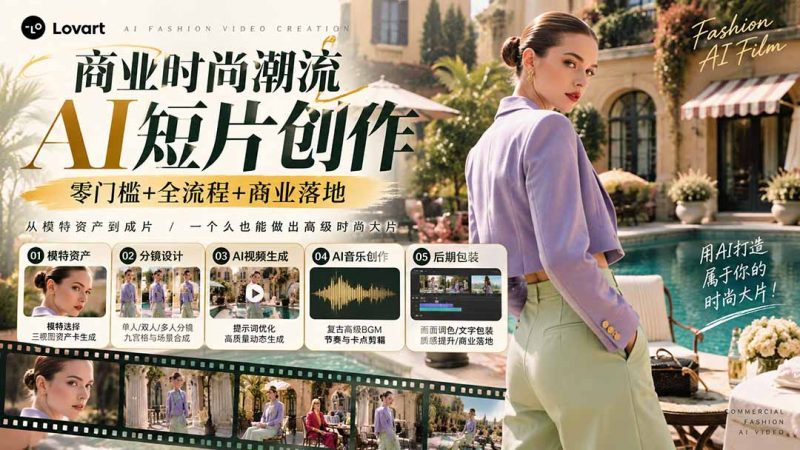 从一张模特图到高级时尚广告大片：AI三视图资产、场景合成、电影分镜、动态生成与复古音乐剪辑实战课-玻哥网络技术工作室