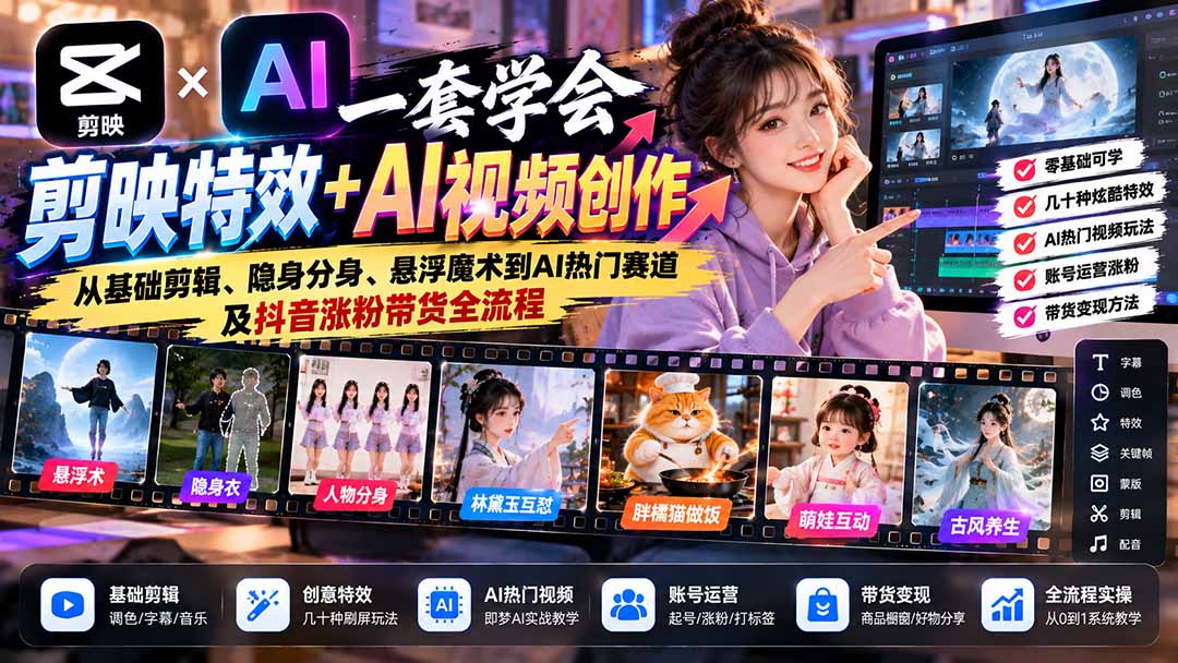 图片[2]-一套学会剪映特效+AI视频创作：从基础剪辑、隐身分身、悬浮魔术到AI热门赛道及抖音涨粉带货全流程-玻哥网络技术工作室