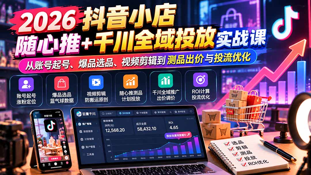 图片[2]-2026抖音小店随心推+千川全域投放实战课：从账号起号、爆品选品、视频剪辑到测品出价与投流优化-玻哥网络技术工作室